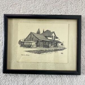 Vintage Eckville Alberta Framed Black and White Train Station Sketch